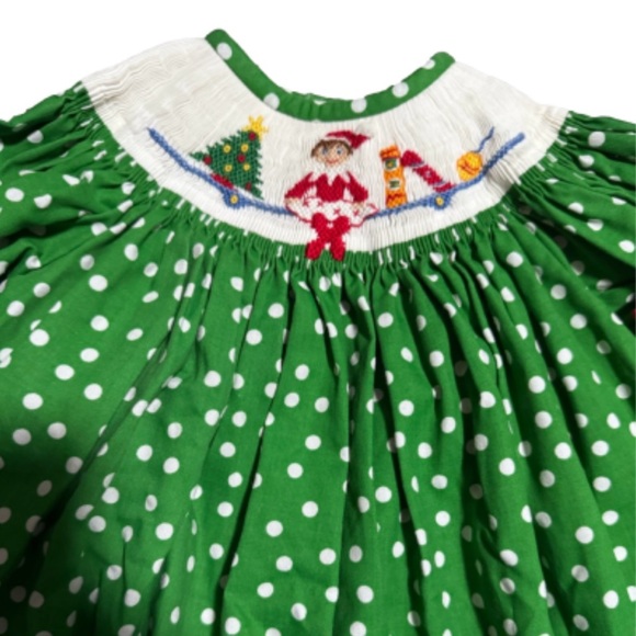Girls 12M Elf on the Shelf Smocked Green & White Polka Dotted Christmas Dress - Picture 3 of 7